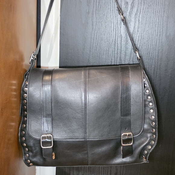 Handbags - Black Leather Studded Messenger Bag